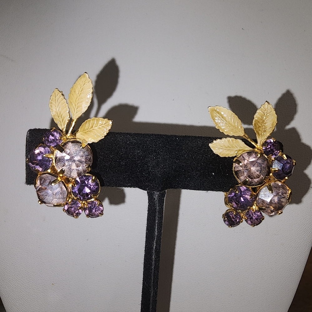 Vintage Purple Cluster and Gold Enamel Leaf Screwback Earrings